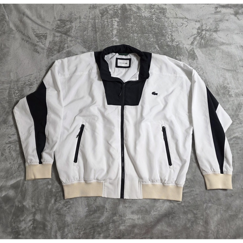 Lacoste Jacket Mens Large White Black Colorblock Full Zip Windbreaker Pockets